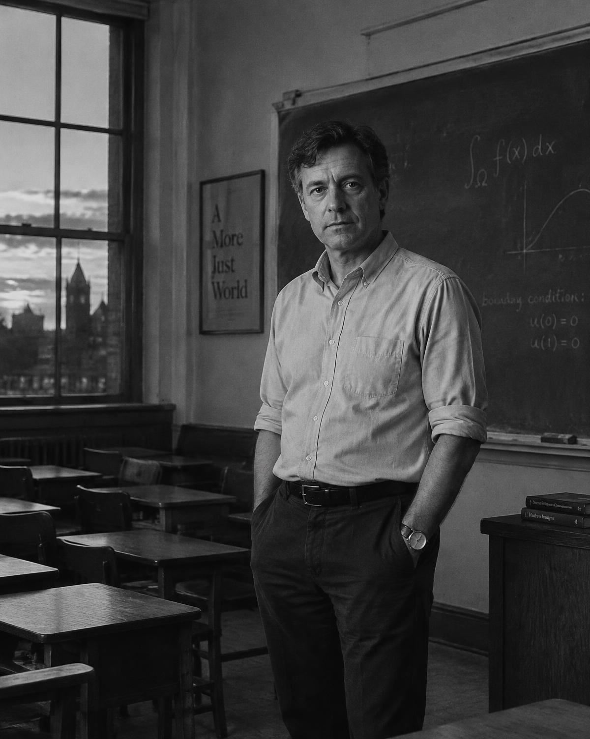 Michael Valentine standing in an empty classroom at dusk