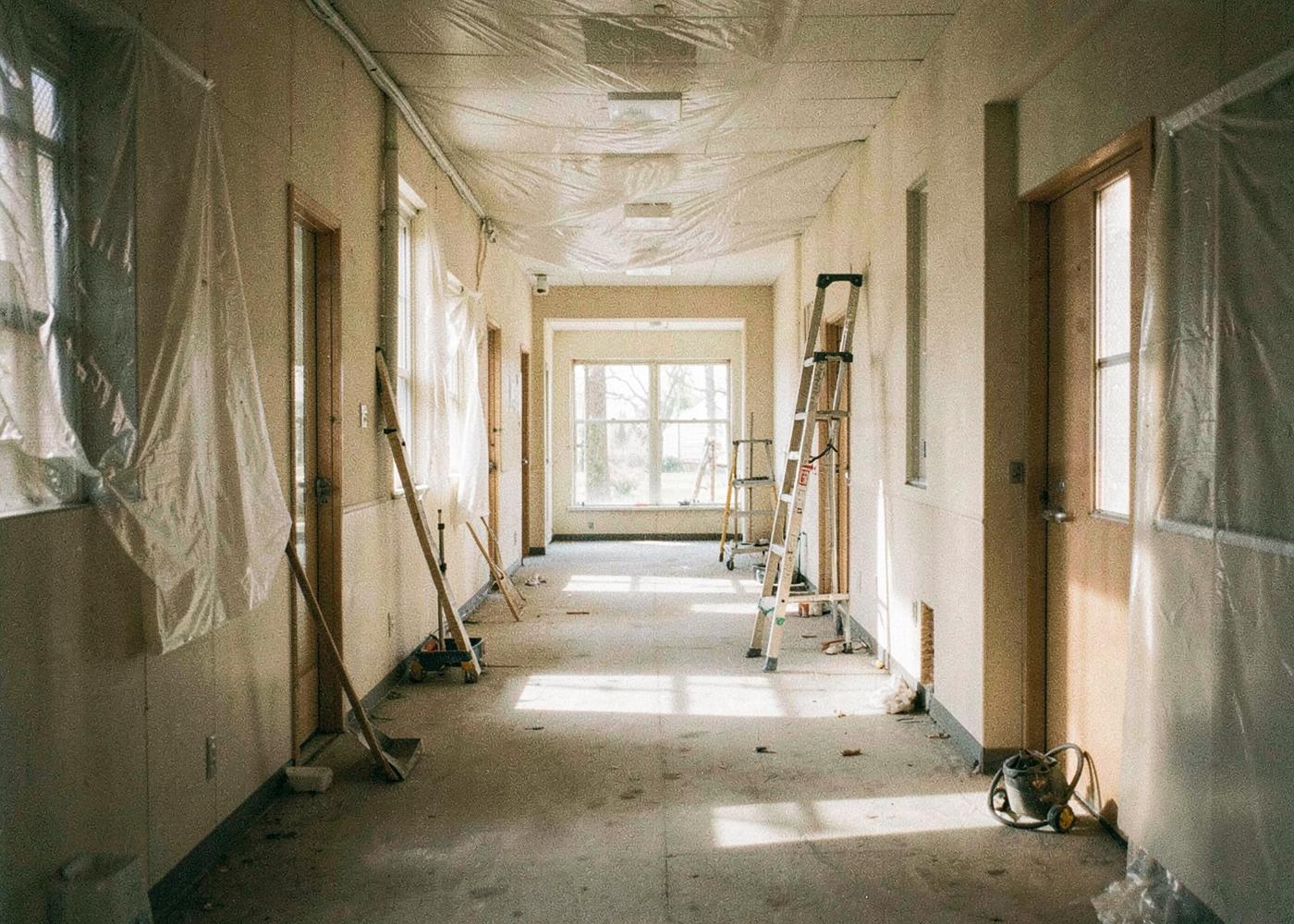Sunlit clinic hallway under construction